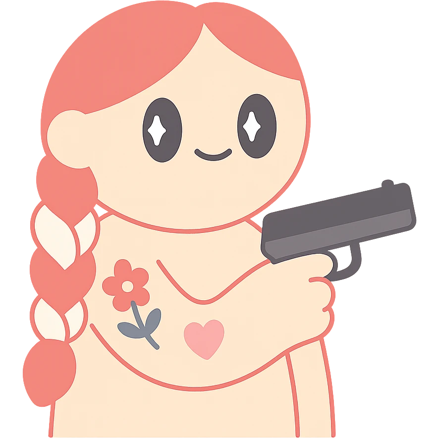 A character with red and white braided hair, tattoos on her arms, holding a gun emoji