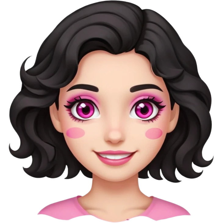 smiling girl with black wavy hair swept to the left, pink eye makeup smudged, no pink on cheeks emoji