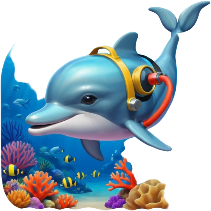 A brave dolphin in diver mask and oxygen tank, exploring coral

 emoji