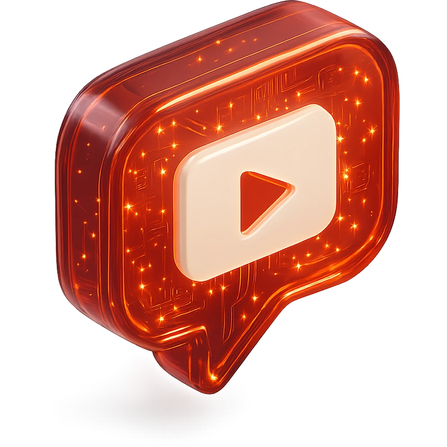 red speech bubble with inside a big red YouTube white play button, very glossy circuit style, lot of glow emoji