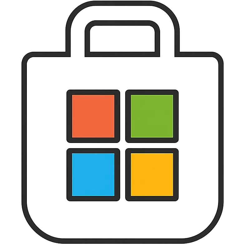 Create a cute Microsoft Store icon featuring a white shopping bag with a thin black outline. Include soft but distinct red, blue, green, and yellow squares on the bag. Use a flat color clip art style that is minimal and clean. No text. Transparent background. emoji