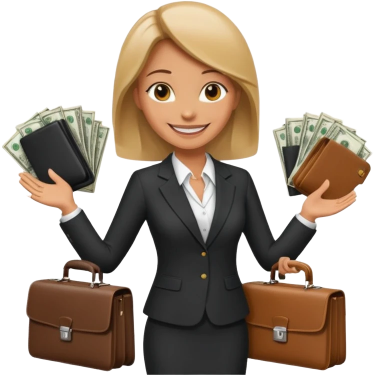Девушка получает много денег и заключает выгодное сотрудничество. Она жмет руку коллегам разным и вокруг мешки денег  emoji