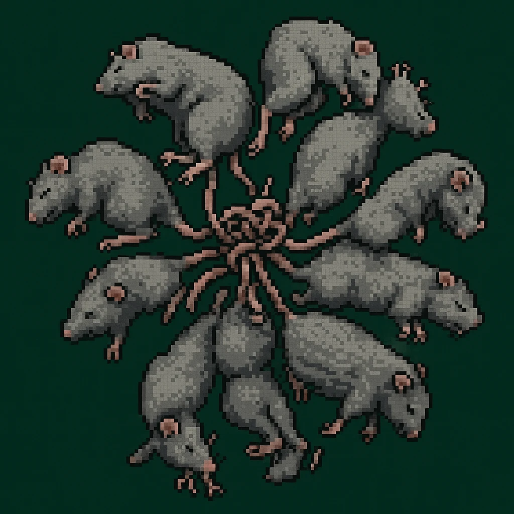 Edit the pixel art rat king to have gray rats with pink tails, keeping the tangled arrangement and pixel art style. emoji