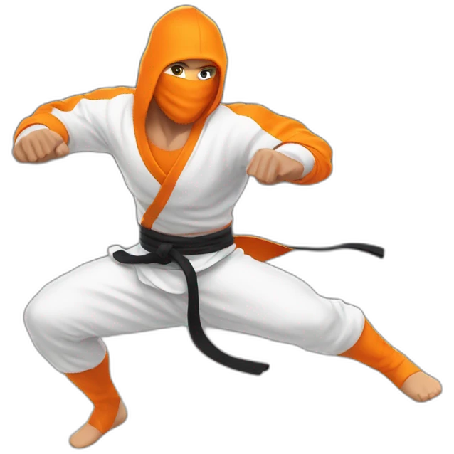 male Ninja Warrior athlete in orange white cloths, captured mid-air emoji