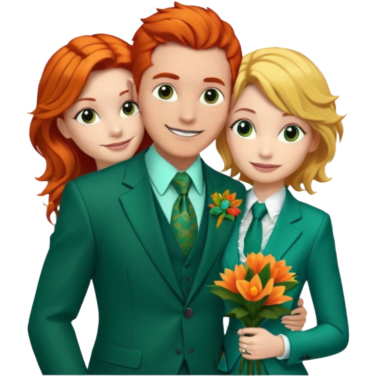  The man, with red hair and visible snake scales, wears a dark green suit with a green tie and an orange boutonnière. The woman, with blonde hair, wears a turquoise ballgown with lace details and holds a colorful tropical bouquet. They smile at each other.  emoji