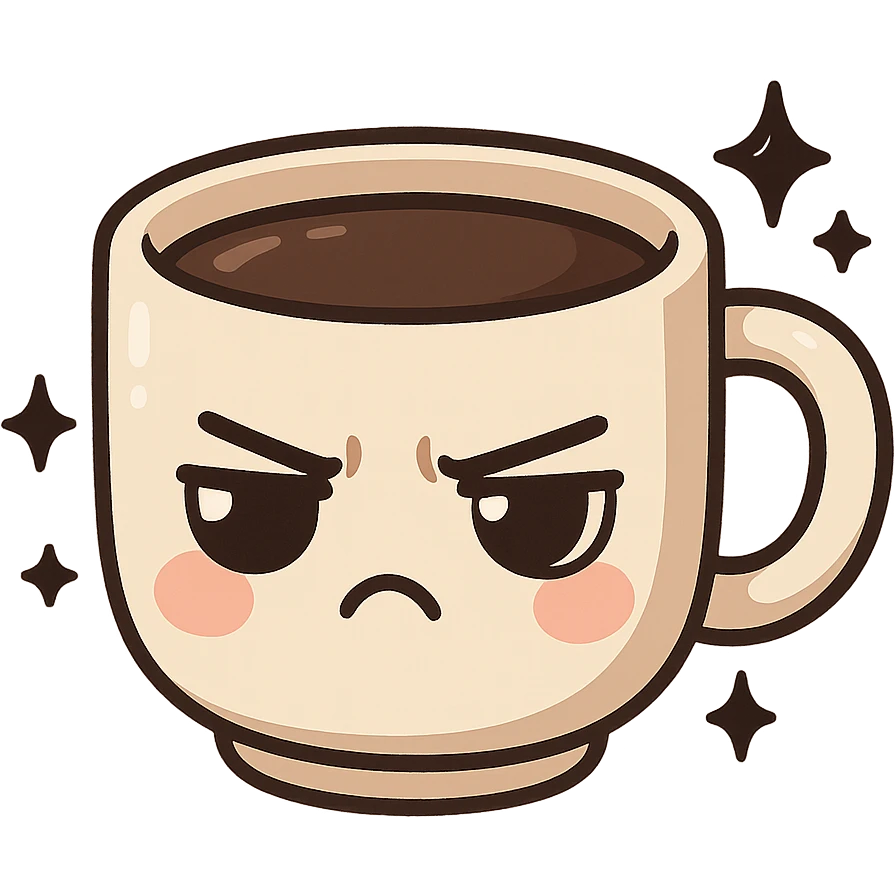 chibi sticker-style coffee cup with black sparkles and a moody expression, cute and exaggerated emoji