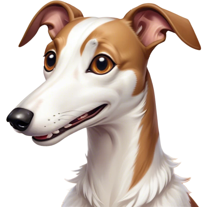 Cinematic Comical White and Brown Greyhound Portrait Emoji, Head tilted dramatically with an exaggeratedly amused expression, featuring a striking white Fur with dynamic brown accents, wide, expressive eyes filled with playful disbelief, Simplified yet hilariously expressive features, highly detailed, glowing with a slightly sassy glow, high shine, dramatic yet playful, stylized with an air of cheeky mischief, bright and endearing, soft glowing outline, capturing the essence of a spirited and over-the-top racer, so meme-worthy it feels like it could side-eye its way into internet fame instantly! emoji