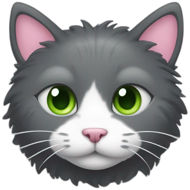 fluffy dark grey cat with pink nose with small grey spot on the right side of the nose, white circle spots near the nose, green eyes and white long whiskers emoji