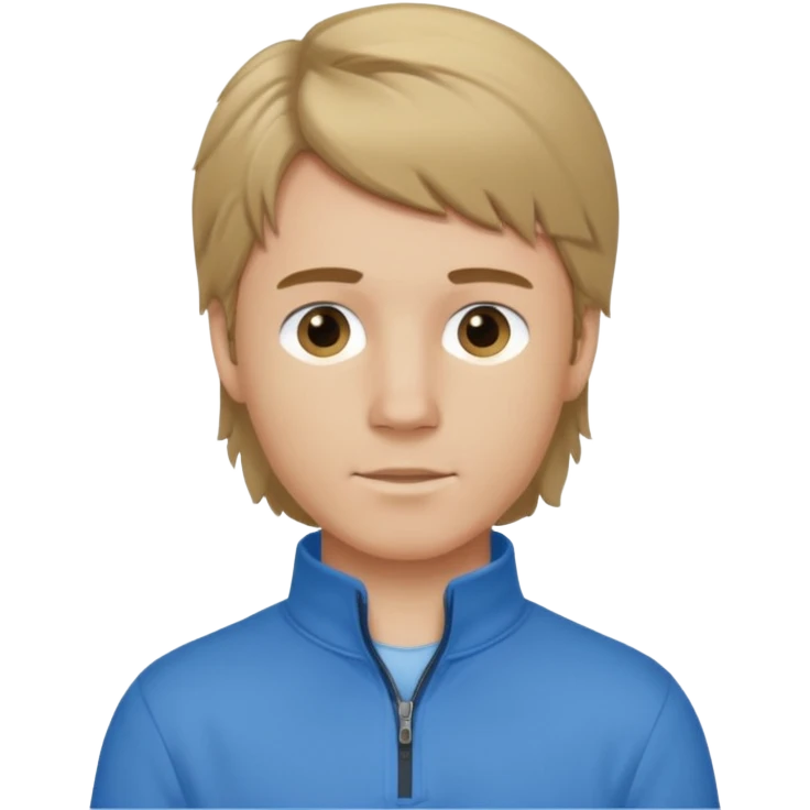 boy with dark blonde hair in a mullet with a neat blue shirt and quarter zip emoji