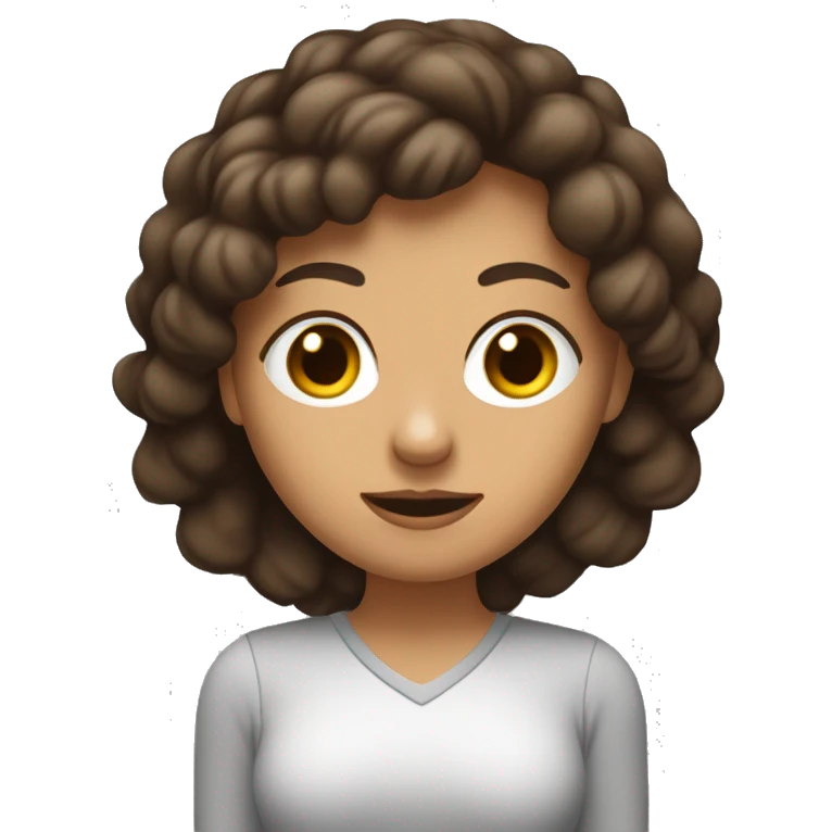 mujer blanca con ojos color almendra y cabello marron oscuro, con n linar en la mejilla izquierda con laptop en mano  emoji