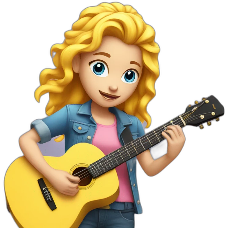 girl with blue eyes and long pink hair with a yellow and blue hairclip playing the guitar emoji