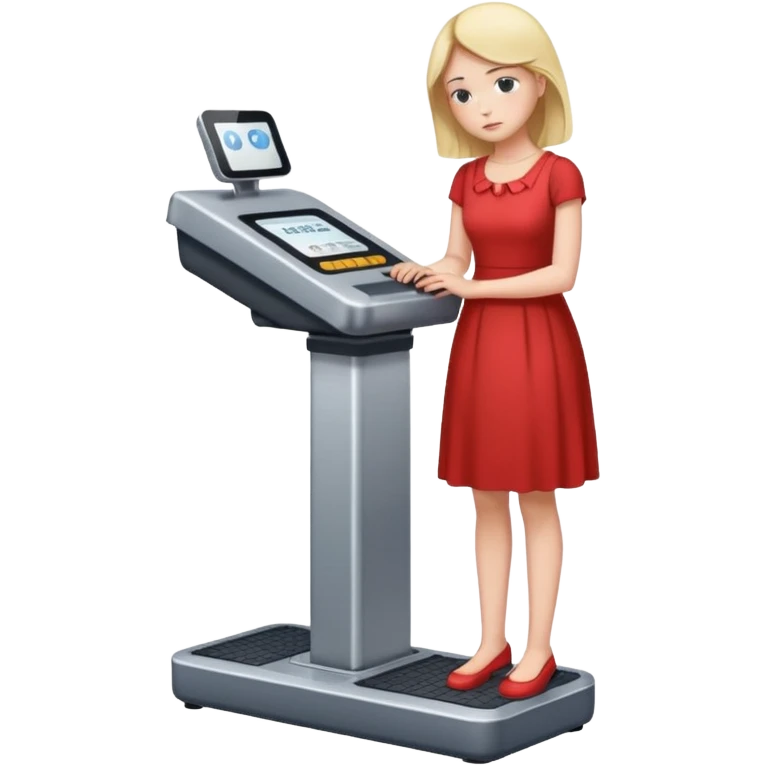 women is standing on weight check machine and she is sad because his weight is not ganaing emoji