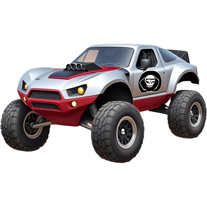 Satan’s and Vader (post race) Cabernet Dirty and dented Local Motors Rally Fighter off road race car hot rod trophy truck-style flying on a dusty road (silver wheels) emoji