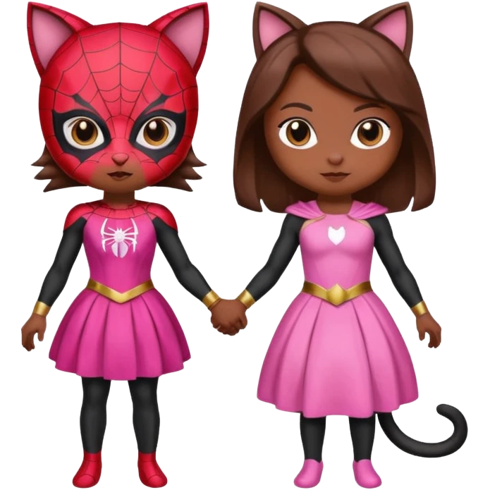 A spider-themed superhero character holding hands with a cute cat character in a pink dress. emoji