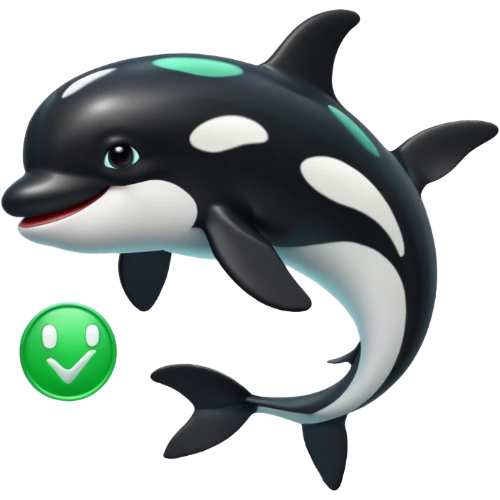 3d Cartoon orca with a green tick icon next to it emoji