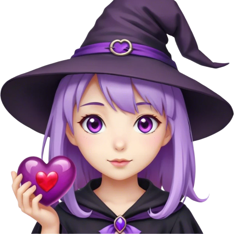 anime girl with lilac hair in a witch hat holding a purple heart emoji