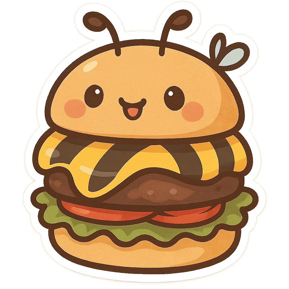 beesechurger with cheese striped like a bee, bee face on the top bun, playful and cute emoji