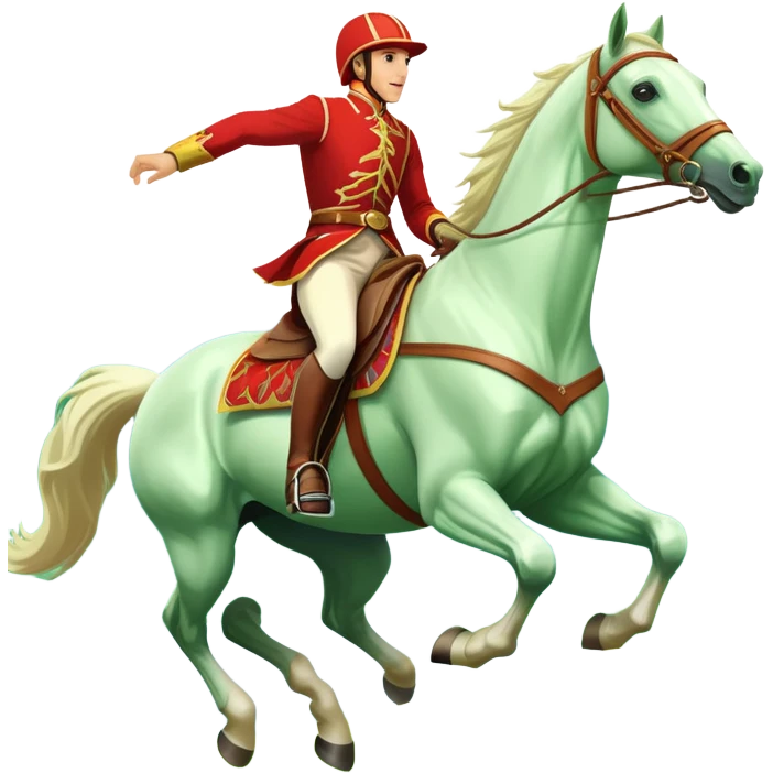 An icon showcasing a majestic horse and rider in full gallop across a lush green field. The background features a clear sky, distant mountains, and a vibrant landscape. The rider wears traditional gear, while the horse leaps with grace and power. Transparent background emoji