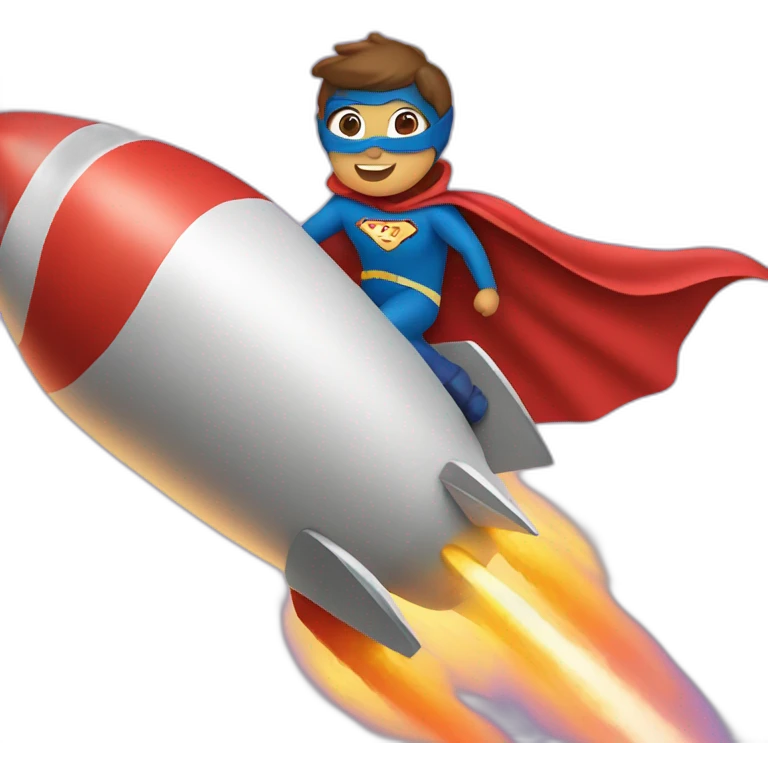 person dressed with a superhero cape is riding on a rocket emoji