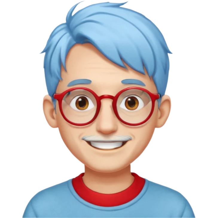 light blue haired man mid length hair with big ears and red earrings and spectaclesi happy emoji
