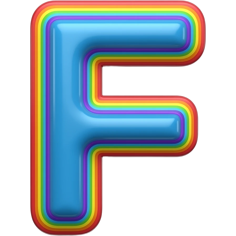 name "F" in blue, 3D style typography lettering, each color of the rainbow as a border outlined around each letter, isolated, 3d rendering, no emoji icons no emoji faces and must have no human figures emoji
