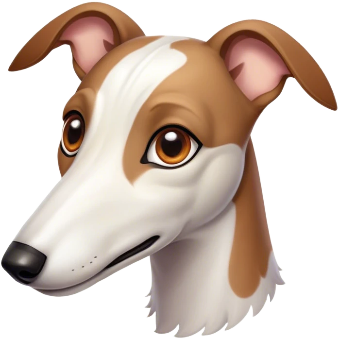 Cinematic Cute White and Brown Greyhound Portrait Emoji, Head tilted playfully and inquisitively, featuring a smooth white Fur with vibrant brown accents and round, sparkling eyes filled with curiosity, Simplified yet irresistibly adorable features, highly detailed, glowing with a warm, friendly glow, high shine, affectionate and nimble, stylized with a touch of whimsy, bright and endearing, soft glowing outline, capturing the essence of a mischievous yet loving racer, so playful it feels like it could sprint out of the screen and into your arms! emoji
