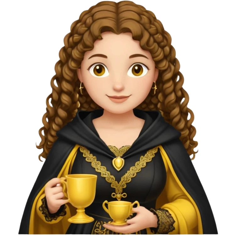 Helga Hufflepuff, brown-haired, 2 curly thick brown braids, yellow-black medieval dress, black cloak decorated with gold lace, tiny two-handled shiny yellow-gold cup, very kind smile, curvy busty sweet woman, thick rosy cheeks emoji