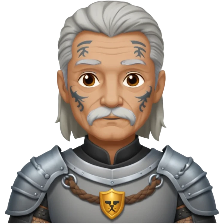 elderly tattooed knight, tattooed shoulder, long hair emoji