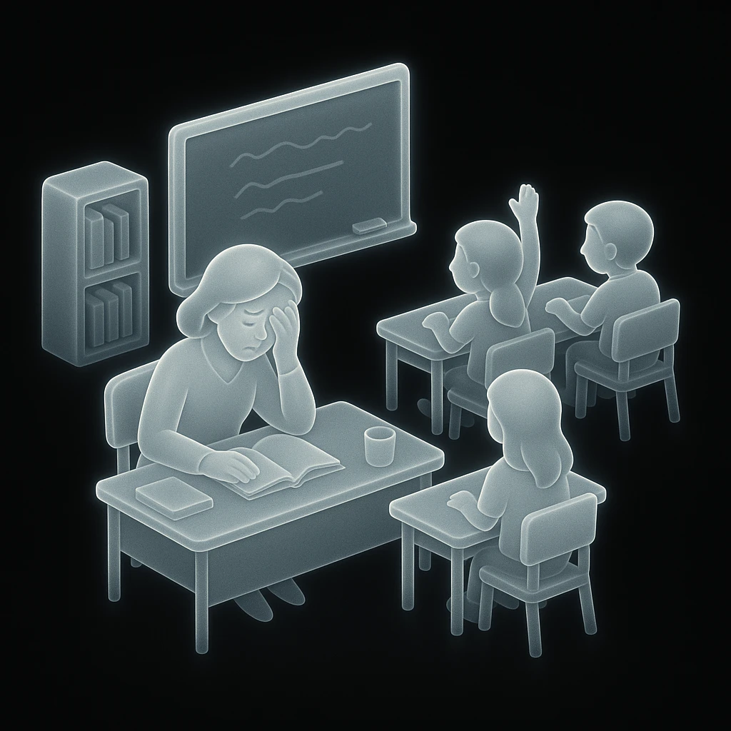 exhausted teacher in a bustling classroom emoji