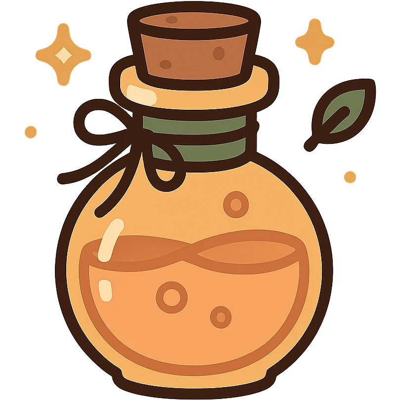 "A cute potion bottle with a whimsical and cozy design, featuring soft and warm colors: golden orange (FA9B41), deep forest green (4A7C5C), muted taupe brown (96775A), and pastel peach (FFCC9A). The bottle is small, round, and slightly vintage in style, with a cork stopper and a delicate ribbon tied around its neck. The potion inside glows faintly with a peachy-orange hue. Surroundings include soft lighting and a magical atmosphere, possibly with sparkles or tiny floating leaves, emphasizing a warm and enchanting mood. The style is charming, storybook-like, and detailed." emoji