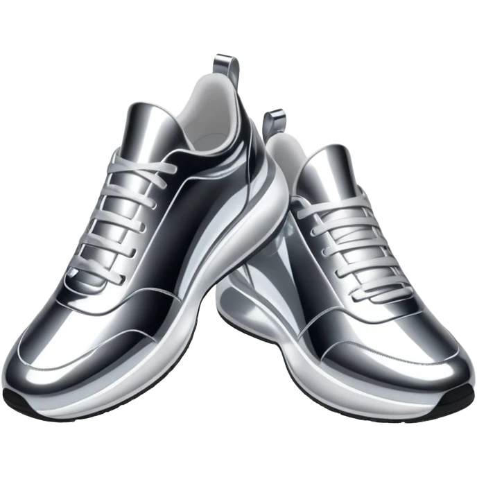 A pair of futuristic sneakers emoji made of silver chrome, sleek streetwear design, smooth metallic panels, subtle reflections, luxury swag aesthetic, iOS emoji style, centered, clean white background emoji