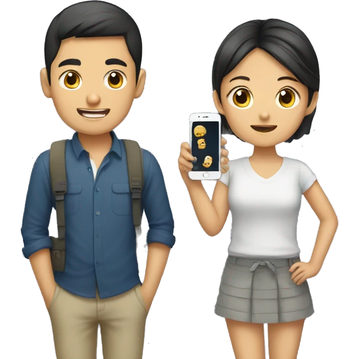 asian boy and girl using phone emoji