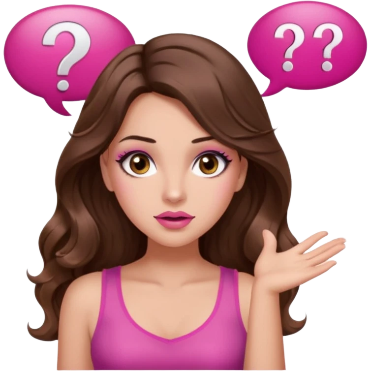 girl with long wavy brown hair, brown eyes, long lashes makeup, sexy pink lips, light to medium complexion, wearing a pink sexy top, shugging, question mark one speech bubble emoji
