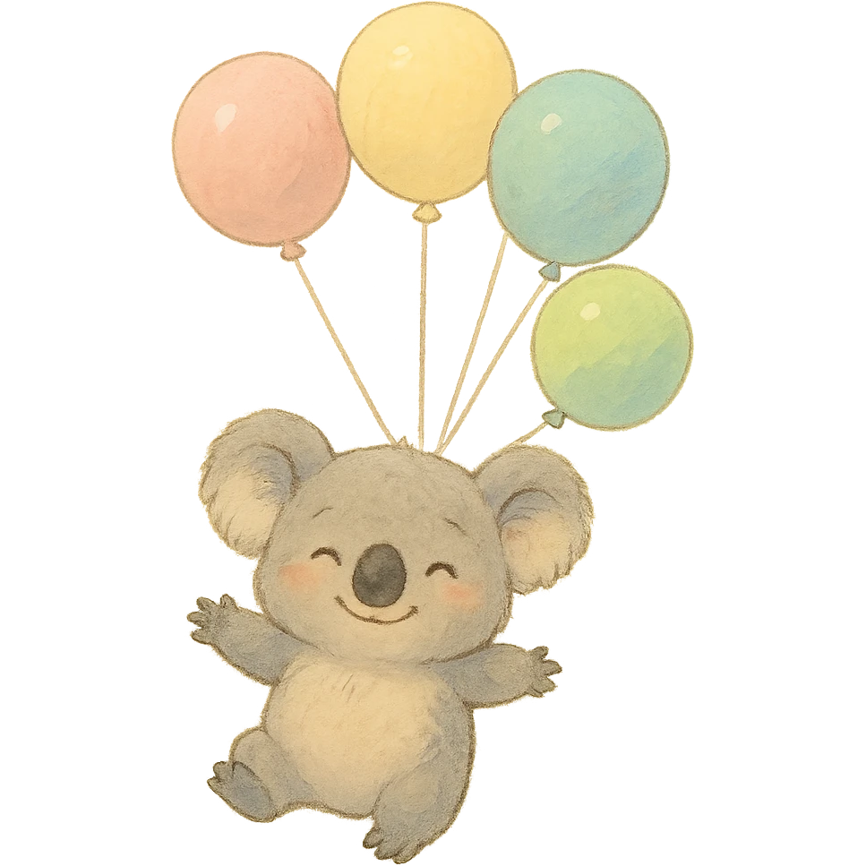 koala floating with pastel balloons, happy face, soft Ghibli style emoji