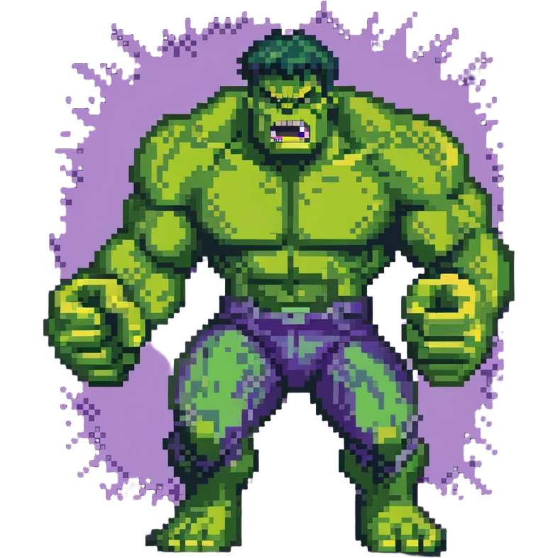 Hulk smashing with powerful fists, green superhero breaking ground, action pose, angry expression, retro video game style emoji