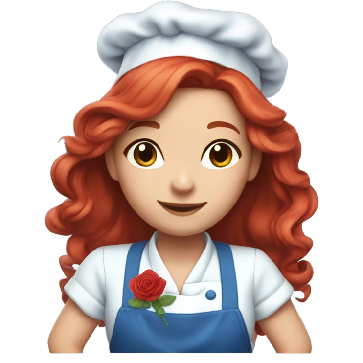 Cute long red hair girl chef.. with blue clothes on.. roses on her clothes.. attractive  emoji