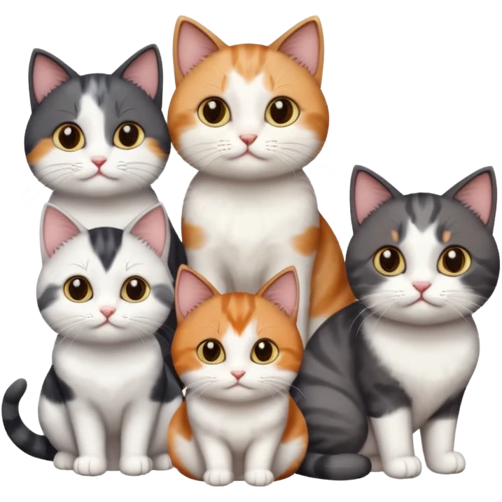 5 different coloured short haired cats including; a dark brown and white cat, and a dark grey and white, and a calico emoji