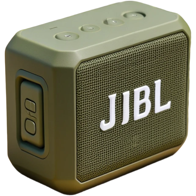 Khaki colored JBL Go 4 bluetooth speaker, small portable audio device, rugged design, army green, angled view emoji