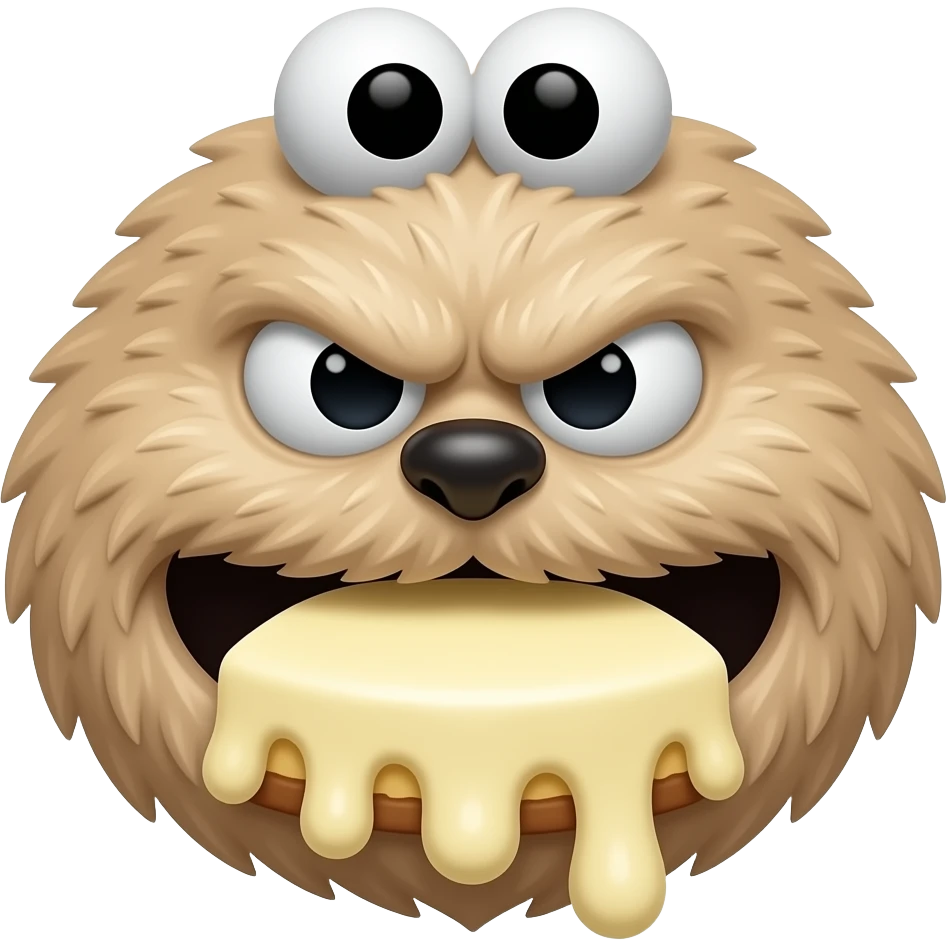 Bit angry, Mouth covered in cheesecake, Persona, portretu, cheese cake monster, similar to cookie monster, fur should be new york cheesecake it means beige emoji