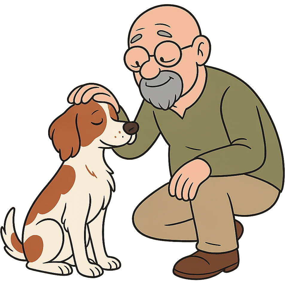 cartoon style bald old man with round glasses and grey goatee petting a Brittany Spaniel, gentle and affectionate emoji