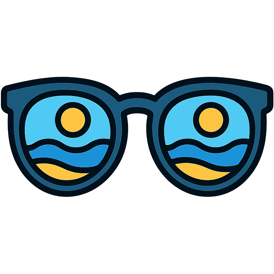 pair of sunglasses reflecting a beach scene, glossy icon style emoji