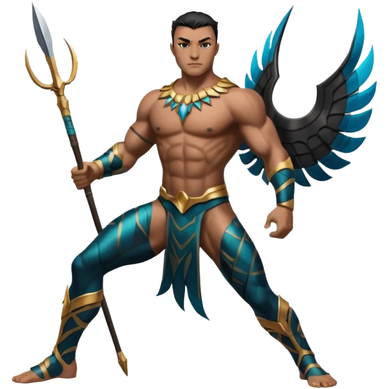Namor from Black Panther 2, full body, dynamic pose, holding a sharpened spear, wings at his feet emoji