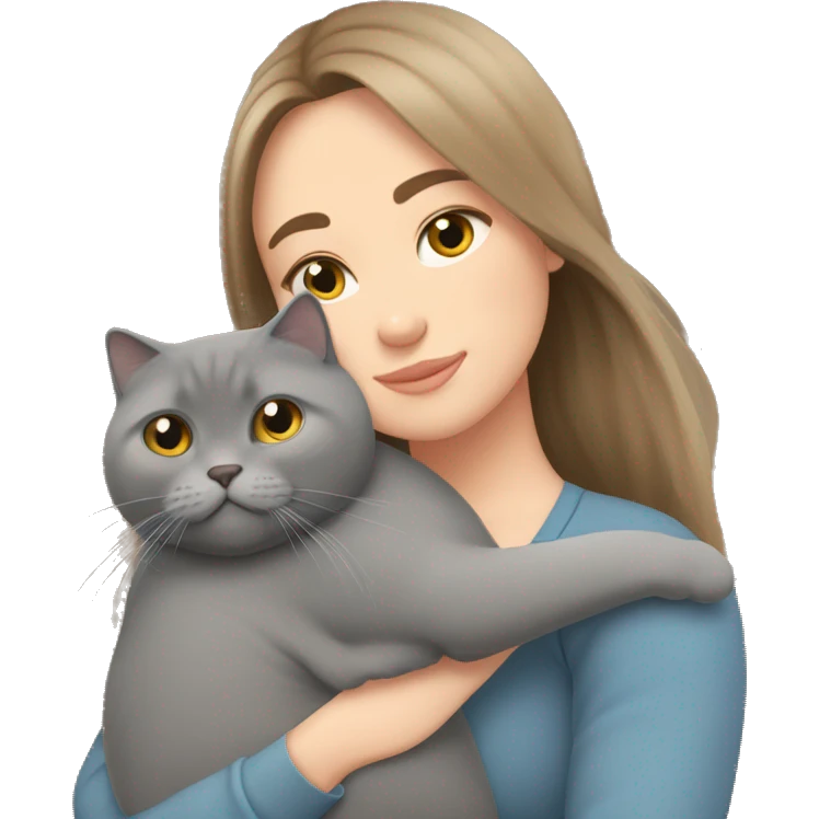fat British shorthair grey cat hugging long brown hair white woman emoji
