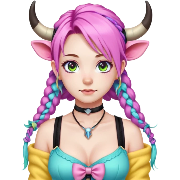 En anime-ku-jente med to rosa lange tykke fletter og cyan striper i håret, horn, og ku-ører, sort BH-topp over en gul cropped-fleece-blouse, lilla øyne, søt sløyfe på halsen  emoji
