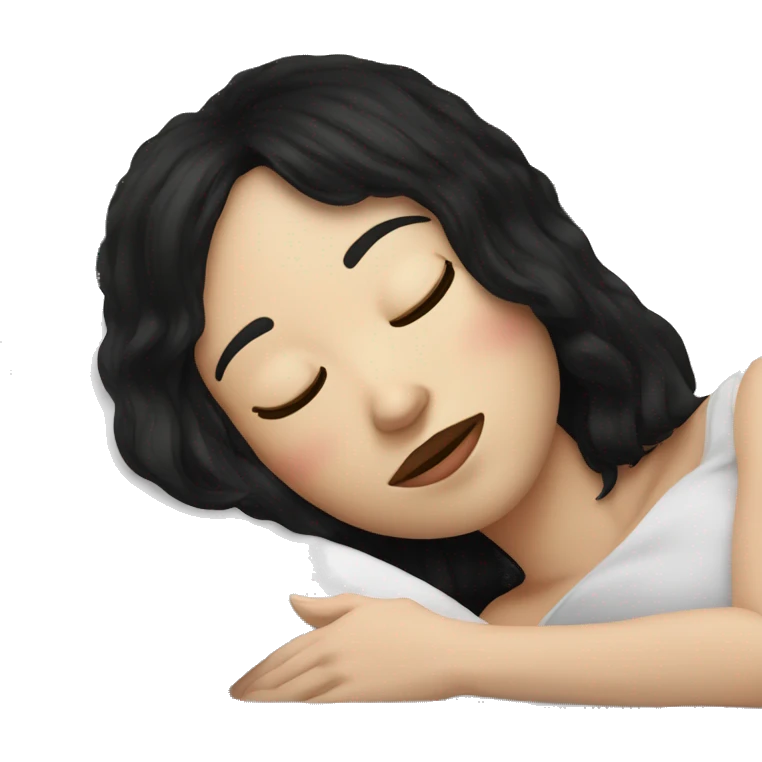 Woman pale skin black hair with bangs sleeping in bed with pillow, white woman emoji