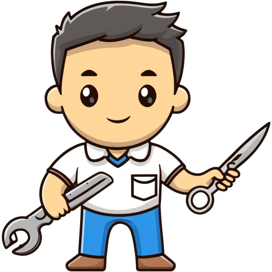 A Ukrainian man in a white embroidered shirt holds a spanner in one hand and scissors in the other emoji