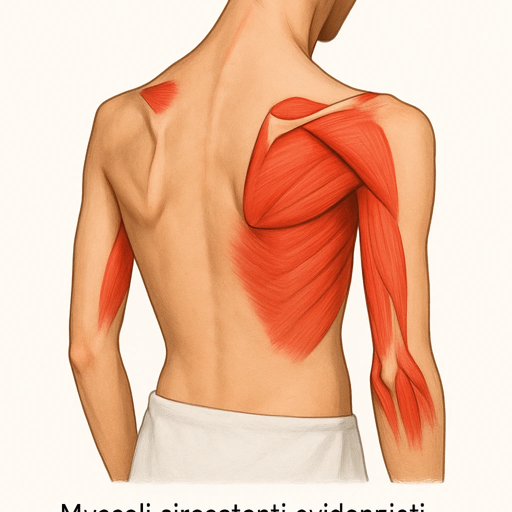 Scapole alate, muscoli circostanti evidenziati per mostrare la causa della patologia, didascalia in italiano, ispirata alla foto di riferimento. emoji