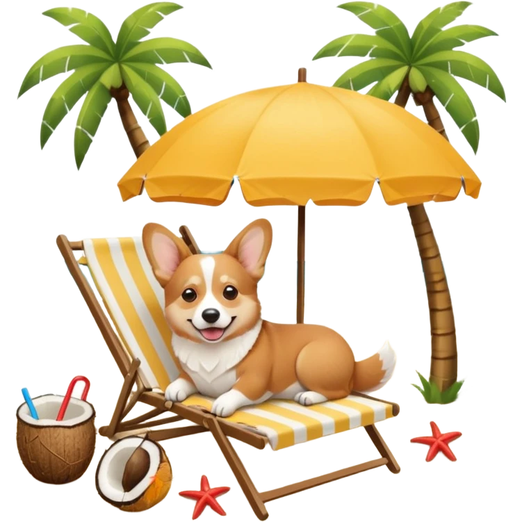a corgi dog laied on a beach chair, a sunny beach, a sun umbrella, and beach coconut trees. the icon should capture the essence of a relaxing beach vacation with a carefree atmosphere emoji