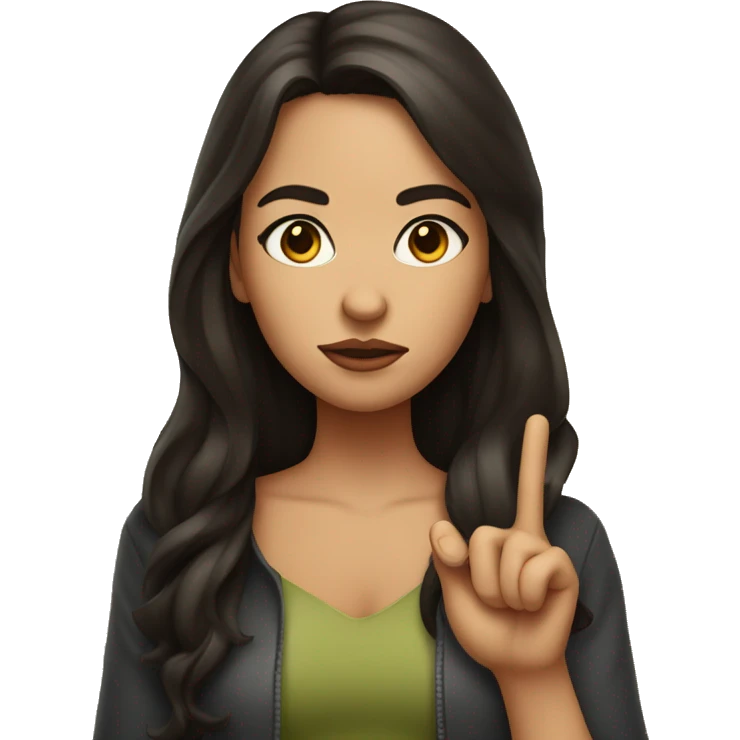 brunette girl pouting and putting two fingers up in a peace sign emoji