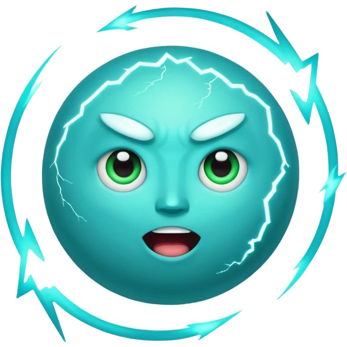 Uranus planet emoji in Apple style, blue-green with dynamic rings, huge fun excited expressive face, prominent bold lightning bolt, symbolizing chaotic unexpected energy emoji